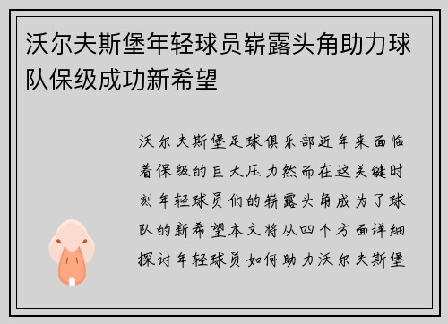 沃尔夫斯堡年轻球员崭露头角助力球队保级成功新希望