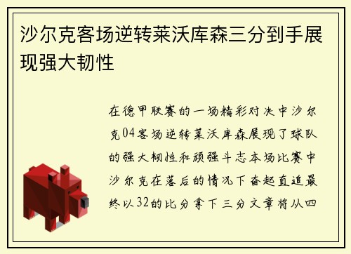 沙尔克客场逆转莱沃库森三分到手展现强大韧性