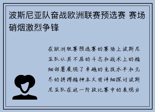 波斯尼亚队奋战欧洲联赛预选赛 赛场硝烟激烈争锋