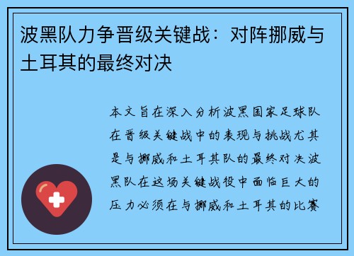 波黑队力争晋级关键战：对阵挪威与土耳其的最终对决