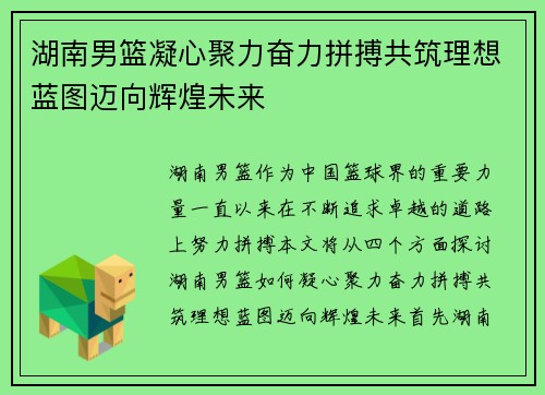 湖南男篮凝心聚力奋力拼搏共筑理想蓝图迈向辉煌未来