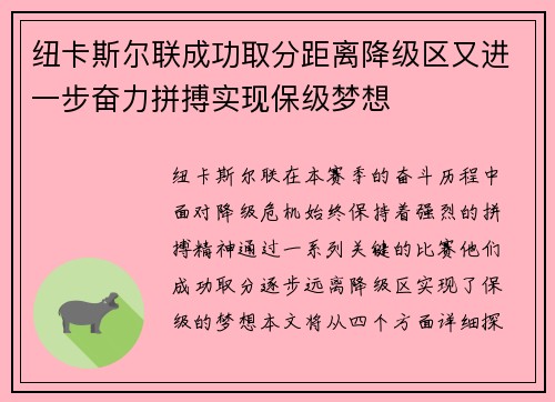 纽卡斯尔联成功取分距离降级区又进一步奋力拼搏实现保级梦想